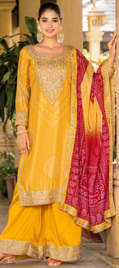 Yellow color Salwar Kameez in Silk fabric with Bandhej, Embroidered, Mirror, Printed, Zari work