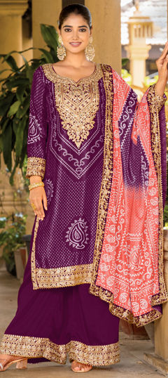 Purple and Violet color Salwar Kameez in Silk fabric with Bandhej, Embroidered, Mirror, Printed, Zari work