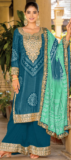 Blue color Salwar Kameez in Silk fabric with Bandhej, Embroidered, Mirror, Printed, Zari work