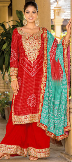 Red and Maroon color Salwar Kameez in Silk fabric with Bandhej, Embroidered, Mirror, Printed, Zari work