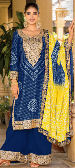 Blue color Salwar Kameez in Silk fabric with Bandhej, Embroidered, Mirror, Printed, Zari work