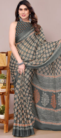 Black and Grey color Saree in Chiffon fabric with Block Print work