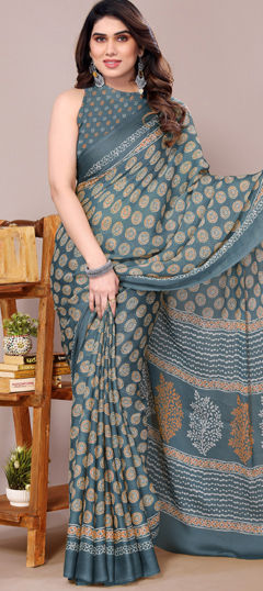 Blue color Saree in Chiffon fabric with Block Print work