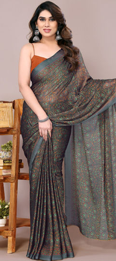 Beige and Brown color Saree in Chiffon fabric with Printed work