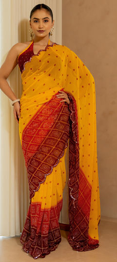 Festive, Reception Red and Maroon color Saree in Georgette fabric with Classic, Rajasthani Bandhej, Printed work : 1973277