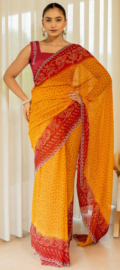 Festive, Reception Orange color Saree in Georgette fabric with Classic, Rajasthani Bandhej, Printed work : 1973278