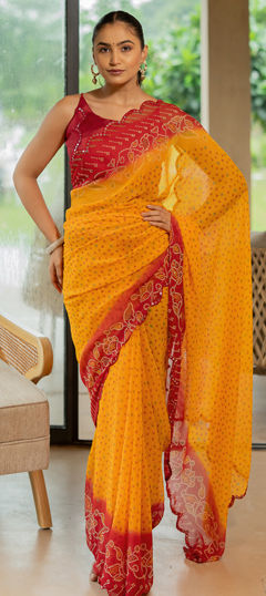 Yellow color Saree in Georgette fabric with Bandhej, Printed work