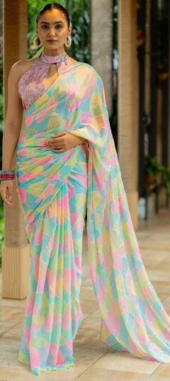 Pink and Majenta color Saree in Georgette fabric with Block Print work