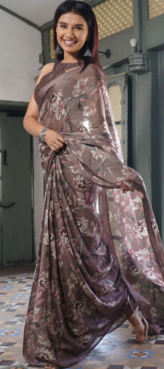 Beige and Brown color Saree in Chiffon fabric with Floral work