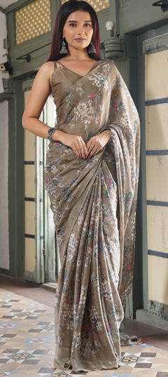 Beige and Brown color Saree in Chiffon fabric with Floral work