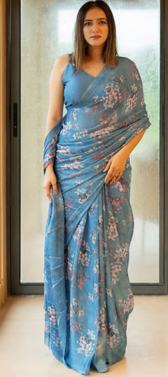Blue color Saree in Chiffon fabric with Floral work