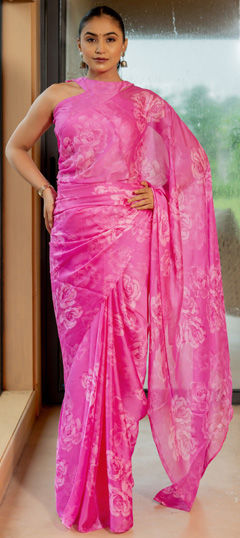 Pink and Majenta color Saree in Chiffon fabric with Floral, Printed work