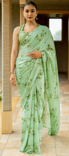 Festive, Party Wear Green color Saree in Chiffon fabric with Classic Floral, Printed work : 1973296