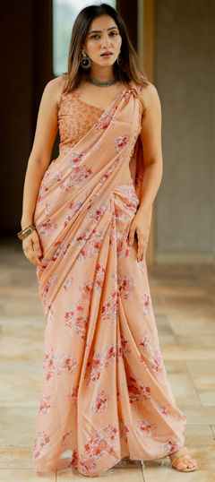 Orange color Saree in Chiffon fabric with Floral, Printed work