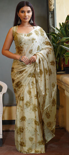 Beige and Brown color Saree in Chiffon fabric with Floral, Printed work