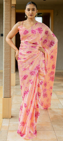 Pink and Majenta color Saree in Chiffon fabric with Floral, Printed work