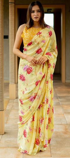 Festive, Party Wear Yellow color Saree in Chiffon fabric with Classic Floral, Printed work : 1973308