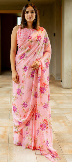 Pink and Majenta color Saree in Chiffon fabric with Floral, Printed work