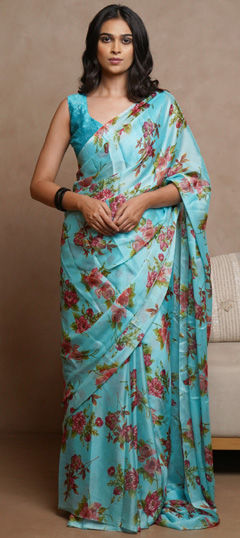 Blue color Saree in Chiffon fabric with Floral, Printed work