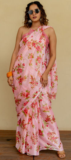 Pink and Majenta color Saree in Chiffon fabric with Floral, Printed work