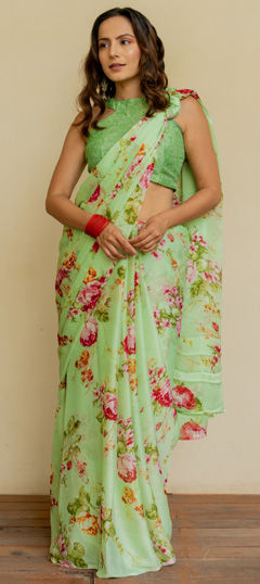 Green color Saree in Chiffon fabric with Floral, Printed work