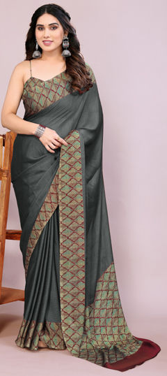 Black and Grey color Saree in Chiffon fabric with Printed work