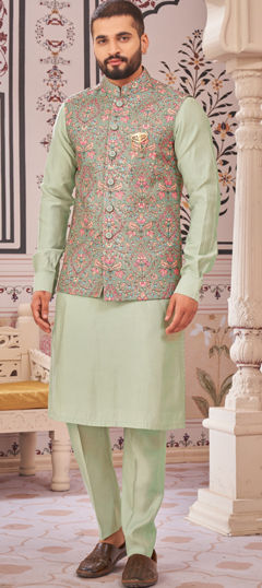 Green color Kurta Pyjama with Jacket in Art Silk fabric with Broches, Printed work