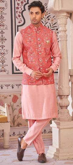 Pink and Majenta color Kurta Pyjama with Jacket in Art Silk fabric with Broches, Printed work