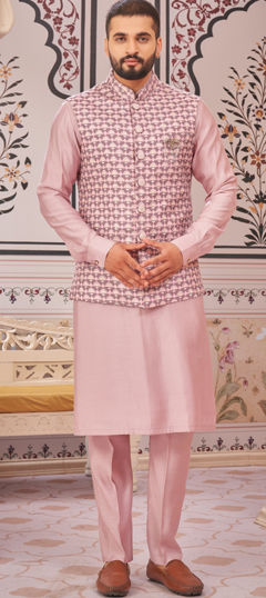 Pink and Majenta color Kurta Pyjama with Jacket in Art Silk fabric with Broches, Printed work