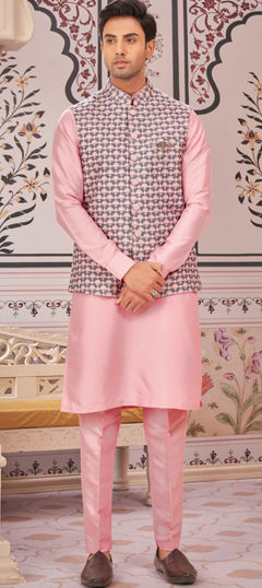 Pink and Majenta color Kurta Pyjama with Jacket in Art Silk fabric with Broches, Printed work