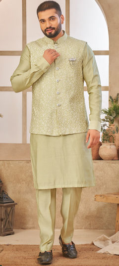 Green color Kurta Pyjama with Jacket in Art Silk fabric with Broches, Embroidered, Thread work