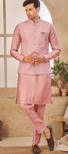 Pink and Majenta color Kurta Pyjama with Jacket in Art Silk fabric with Broches, Embroidered, Thread work