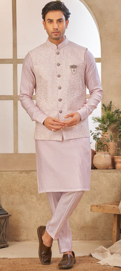 Pink and Majenta color Kurta Pyjama with Jacket in Art Silk fabric with Broches, Embroidered, Thread work