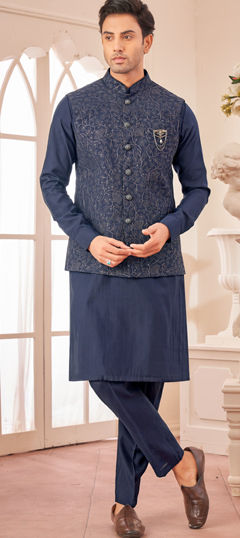 Blue color Kurta Pyjama with Jacket in Art Silk fabric with Broches, Embroidered, Thread work