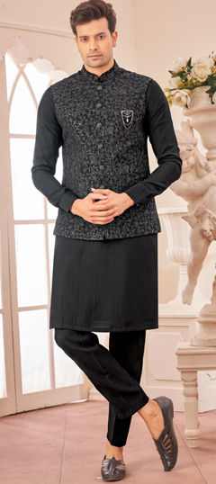 Black and Grey color Kurta Pyjama with Jacket in Art Silk fabric with Broches, Embroidered, Thread work