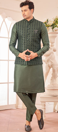 Green color Kurta Pyjama with Jacket in Art Silk fabric with Broches, Embroidered, Sequence, Thread work