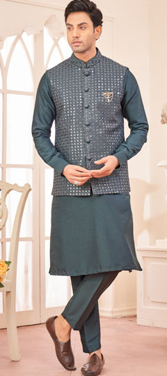 Blue color Kurta Pyjama with Jacket in Art Silk fabric with Broches, Embroidered, Sequence, Thread work