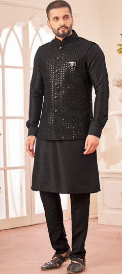 Black and Grey color Kurta Pyjama with Jacket in Art Silk fabric with Broches, Embroidered, Sequence, Thread work