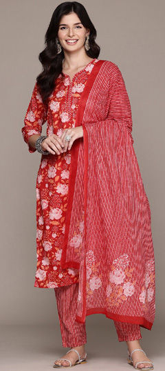 Red and Maroon color Salwar Kameez in Cotton fabric with Bugle Beads, Floral, Printed work