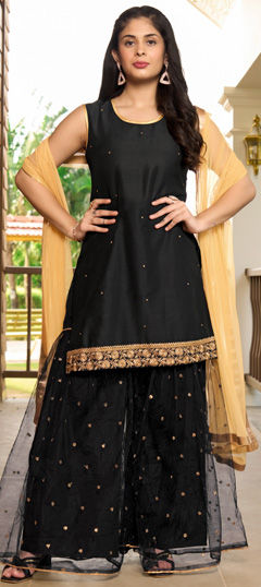 Black and Grey color Salwar Kameez in Cotton fabric with Embroidered, Stone, Thread work