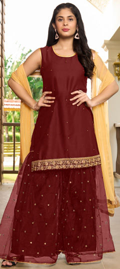 Red and Maroon color Salwar Kameez in Cotton fabric with Embroidered, Stone, Thread work