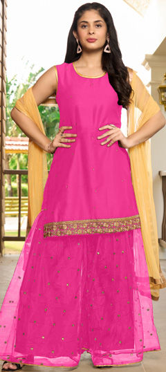 Pink and Majenta color Salwar Kameez in Cotton fabric with Embroidered, Stone, Thread work