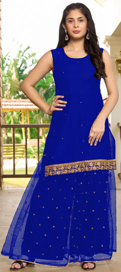 Blue color Salwar Kameez in Cotton fabric with Embroidered, Stone, Thread work