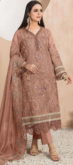 Beige and Brown color Salwar Kameez in Organza Silk fabric with Embroidered, Sequence, Thread work