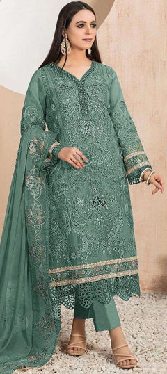 Green color Salwar Kameez in Organza Silk fabric with Embroidered, Sequence, Thread work