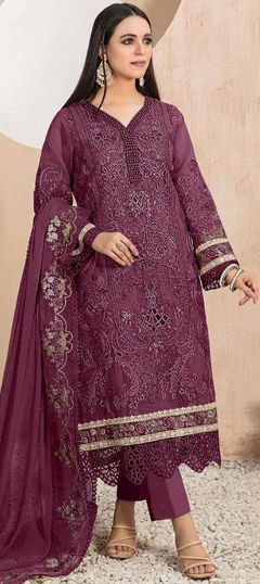 Purple and Violet color Salwar Kameez in Organza Silk fabric with Embroidered, Sequence, Thread work