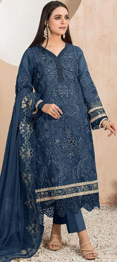 Blue color Salwar Kameez in Organza Silk fabric with Embroidered, Sequence, Thread work