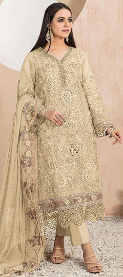 Beige and Brown color Salwar Kameez in Organza Silk fabric with Embroidered, Sequence, Thread work