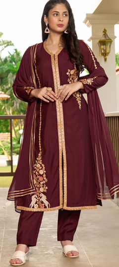 Red and Maroon color Salwar Kameez in Art Silk fabric with Embroidered, Lace, Resham, Thread work