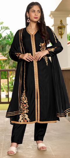 Black and Grey color Salwar Kameez in Art Silk fabric with Embroidered, Lace, Resham, Thread work